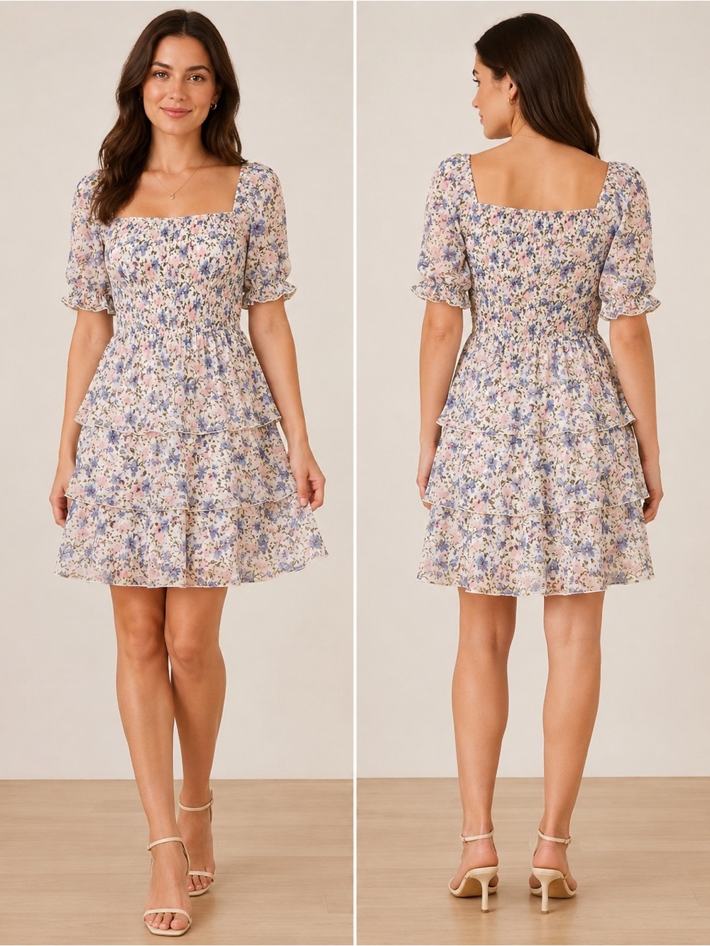 Thirty/Thirty LA Floral Square Neck Smocked Tiered Floral Mini Dress XL